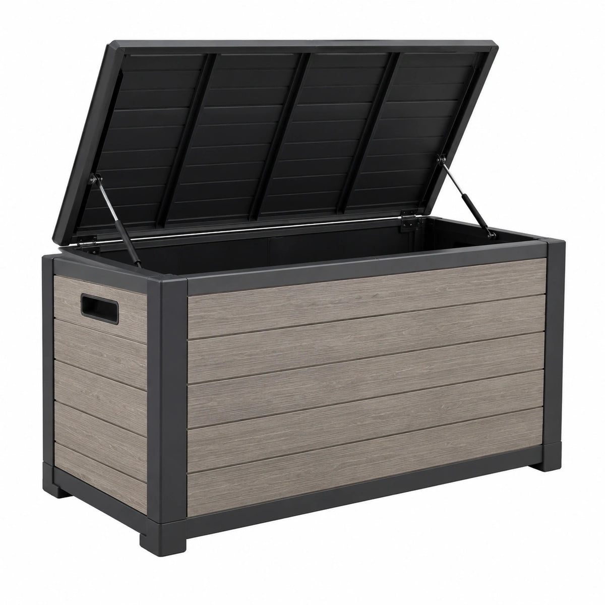 Coffre de rangement extérieur 120 x 60 x 63 cm en résine gris anthracite avec couvercle à vérins