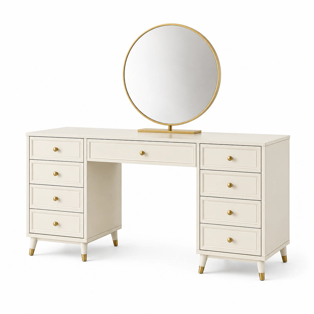 Ensemble coiffeuse 120 x 45 x 75 cm en bois blanc avec miroir rond doré - rangement classique