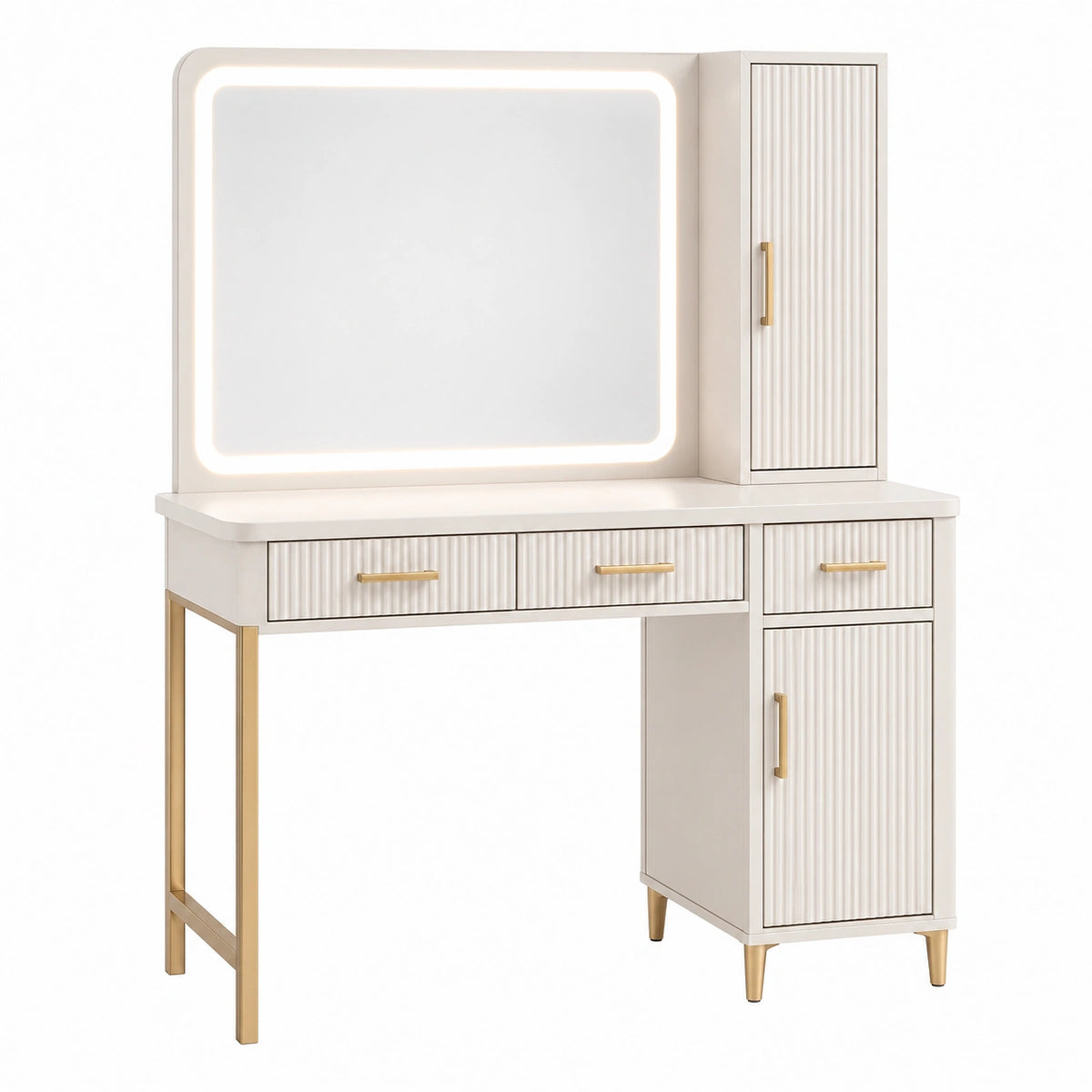Coiffeuse 120 x 45 x 150 cm blanche en panneaux de bois avec miroir LED et rangements style contemporain