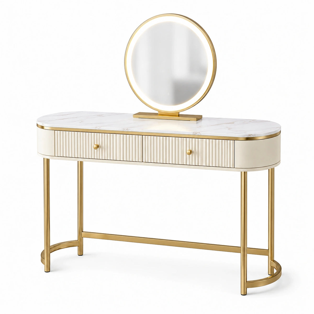 Coiffeuse 120 x 45 x 150 cm blanche et dorée en panneaux de bois avec miroir lumineux style contemporain