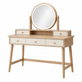 Table coiffeuse 120 x 50 x 145 cm en bois beige et blanc avec miroir rond et 5 tiroirs style moderne