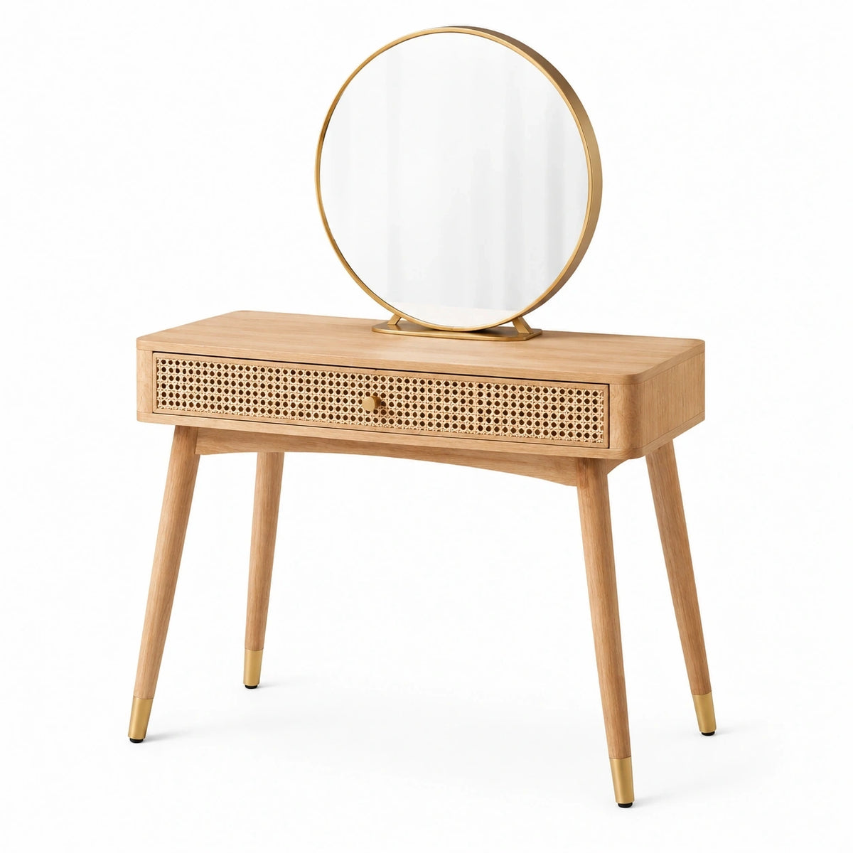Coiffeuse avec miroir 100 x 45 x 145 cm en bois naturel et cannage style rétro