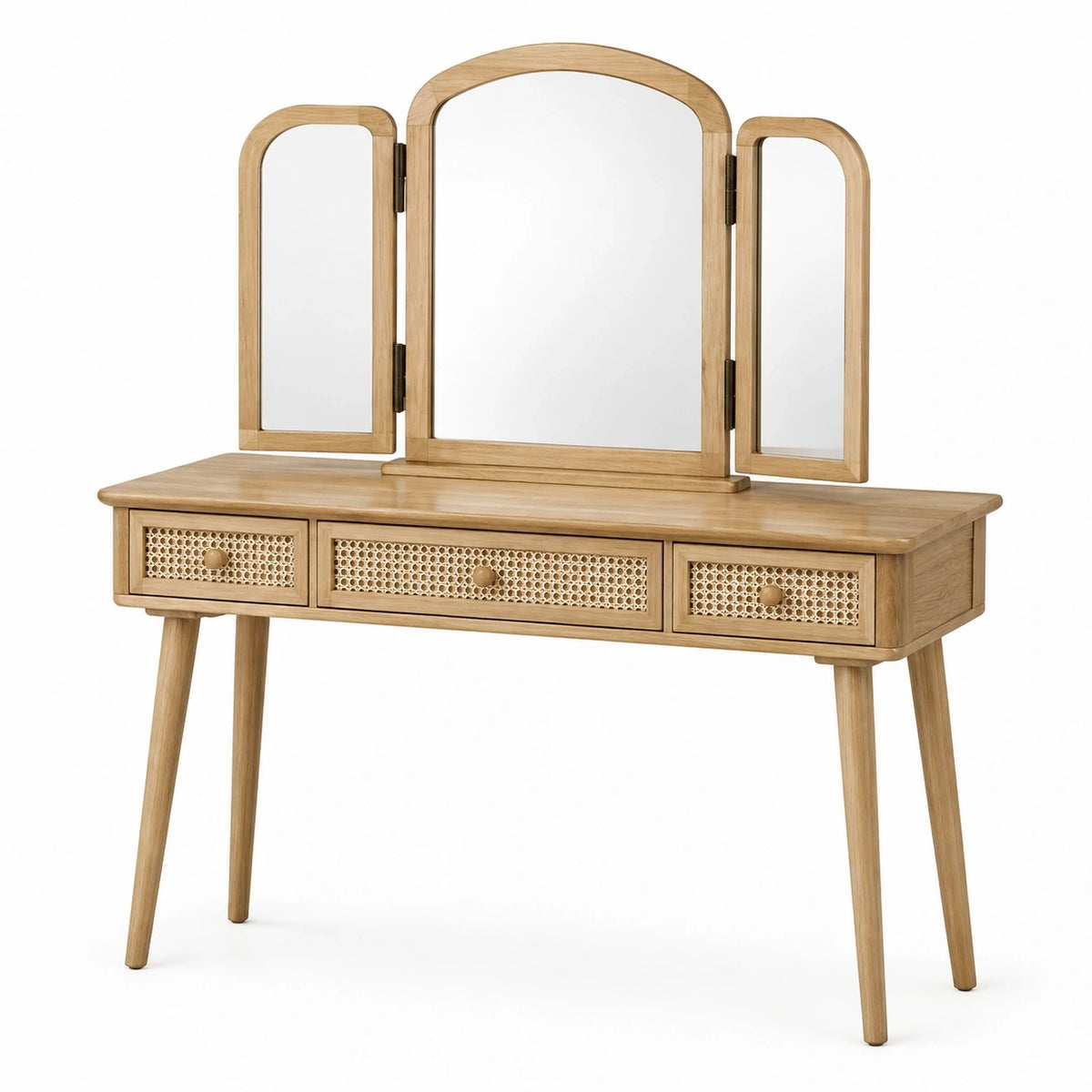 Coiffeuse 100 x 45 x 140 cm en bois naturel avec miroir triptyque et tiroirs cannés