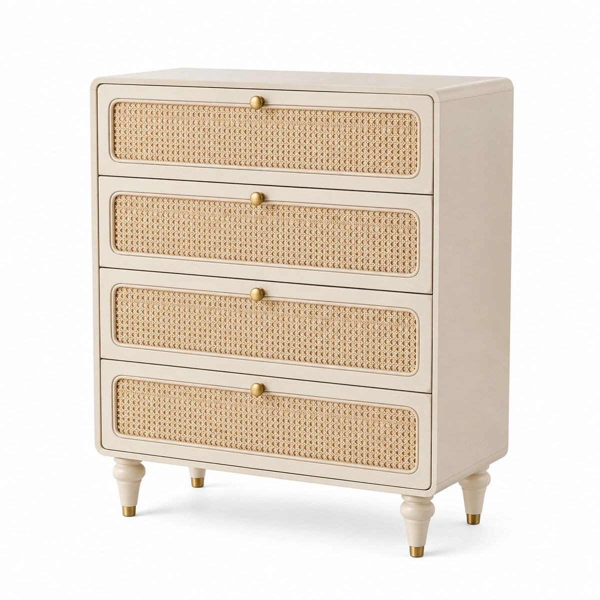 Commode 80 x 40 x 95 cm en bois beige avec cannage quatre tiroirs style bohème