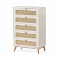 Commode 5 tiroirs 80 x 40 x 115 cm bois blanc cannage naturel style rétro