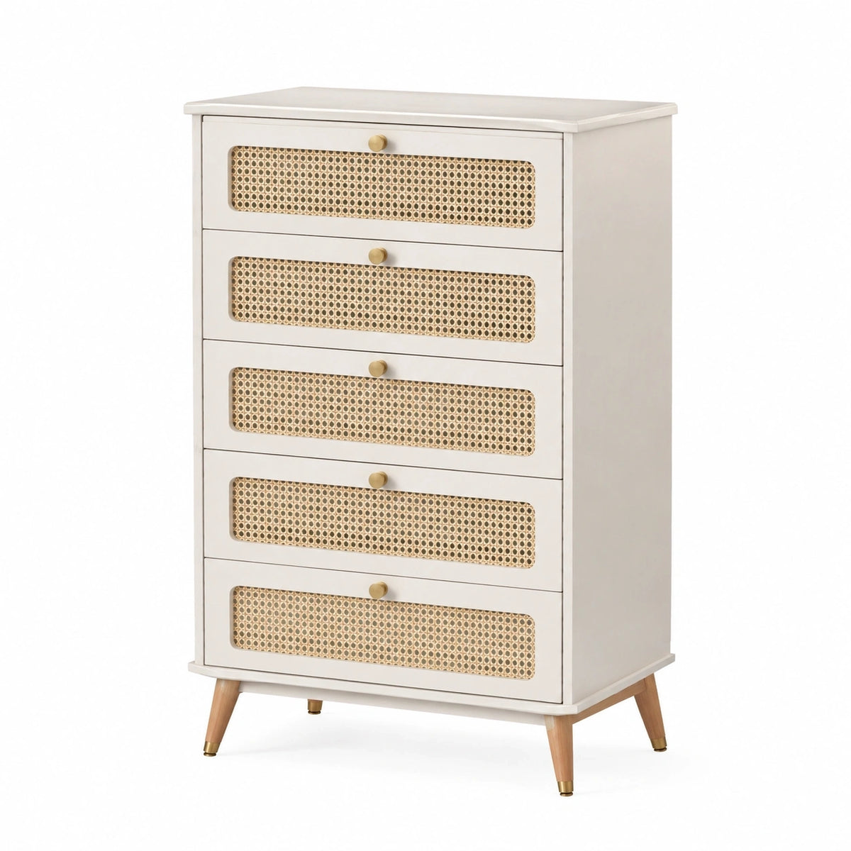 Commode 5 tiroirs 80 x 40 x 115 cm bois blanc cannage naturel style rétro