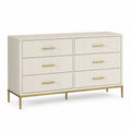 Commode 150 x 45 x 85 cm blanc ivoire à 6 tiroirs avec pieds métalliques dorés style contemporain