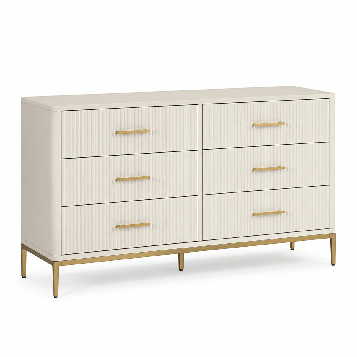 Commode 150 x 45 x 85 cm blanc ivoire à 6 tiroirs avec pieds métalliques dorés style contemporain