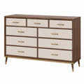 Commode 160 cm en panneaux effet bois marron et beige à 9 tiroirs style contemporain