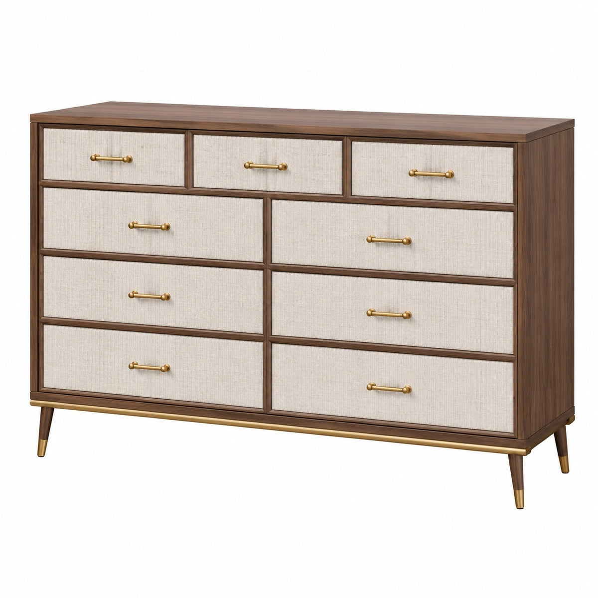 Commode 160 cm en panneaux effet bois marron et beige à 9 tiroirs style contemporain