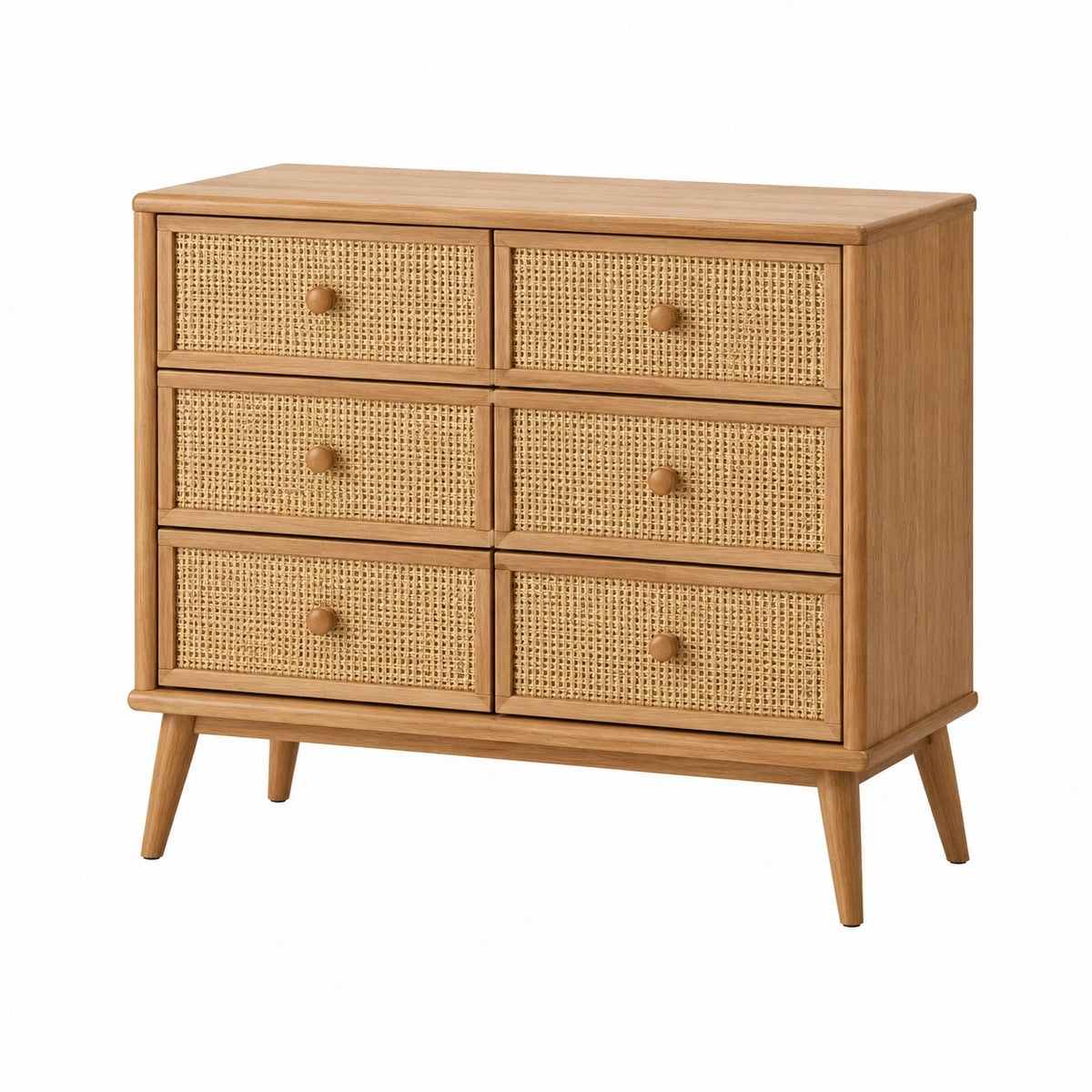 Commode 6 tiroirs 100 x 40 x 85 cm en bois et cannage naturel style rétro