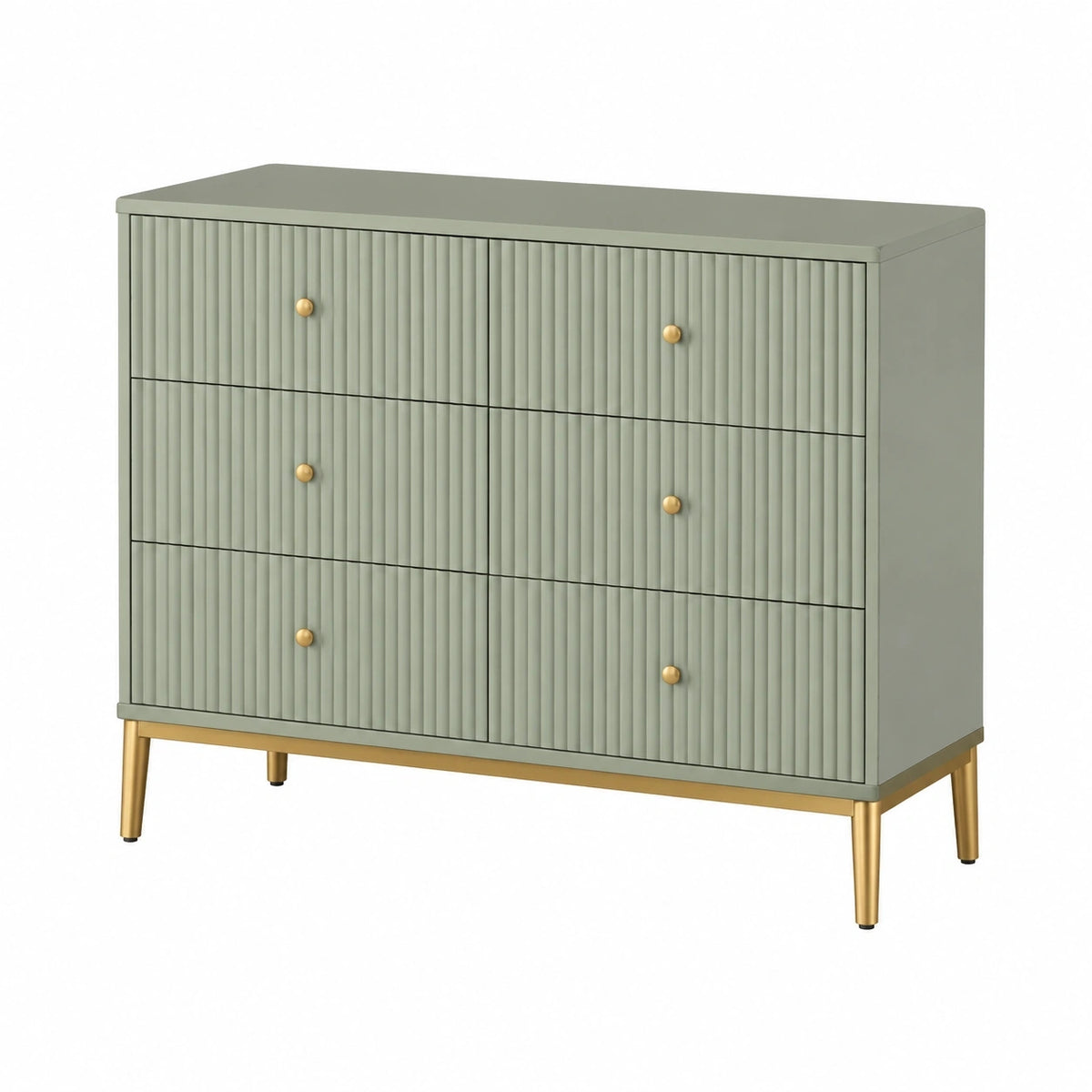 Commode 120 x 40 x 90 cm en bois vert sauge à 6 tiroirs style contemporain