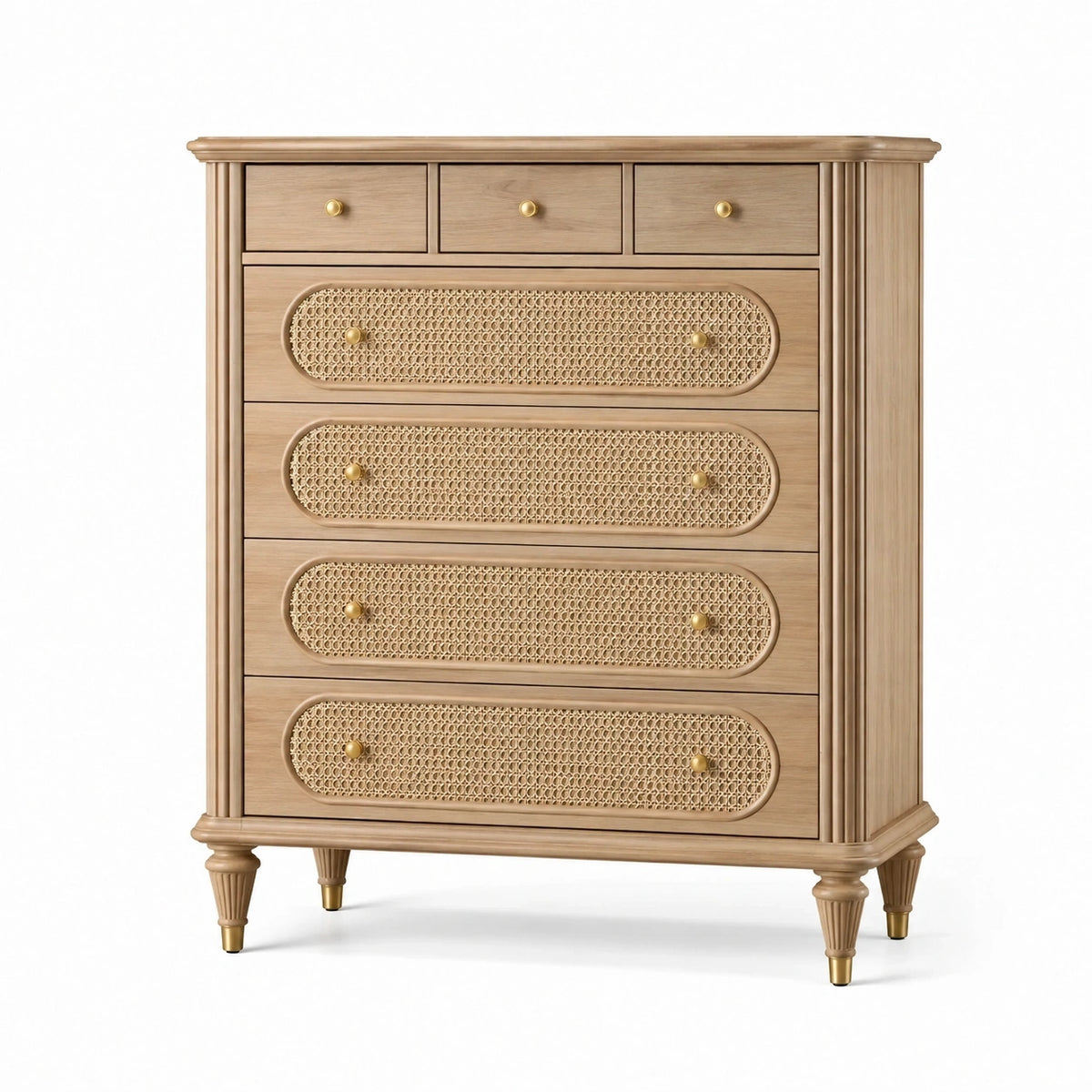 Commode 120 x 45 x 120 cm en bois beige avec cannage - 7 tiroirs style classique