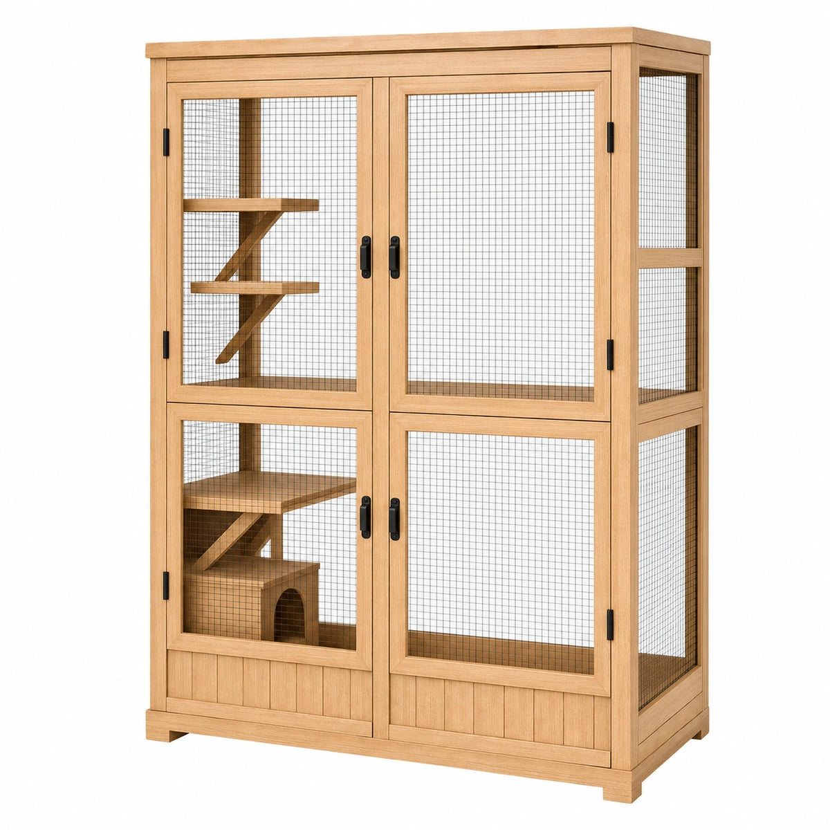 Enclos pour chat 120 x 60 x 180 cm en bois naturel et métal avec 4 portes