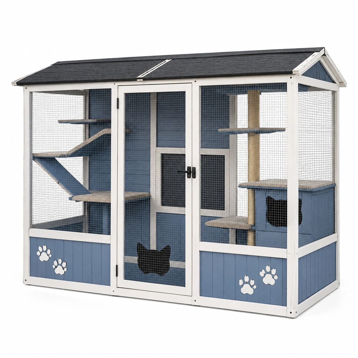 Enclos extérieur pour chat 180 x 90 x 180 cm en bois et grillage bleu blanc avec plateformes