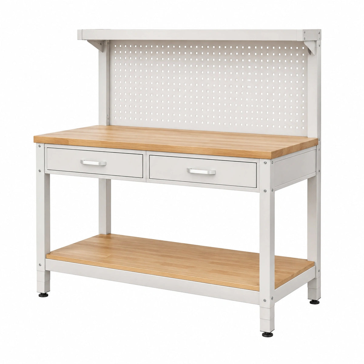 Établi de rangement 120 x 60 x 180 cm en acier et bois blanc naturel style atelier avec panneau perforé