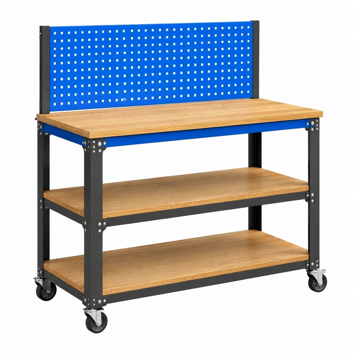 Établi d'atelier 120 x 60 x 150 cm en acier noir et bleu avec plateau en bois à roulettes et panneau perforé