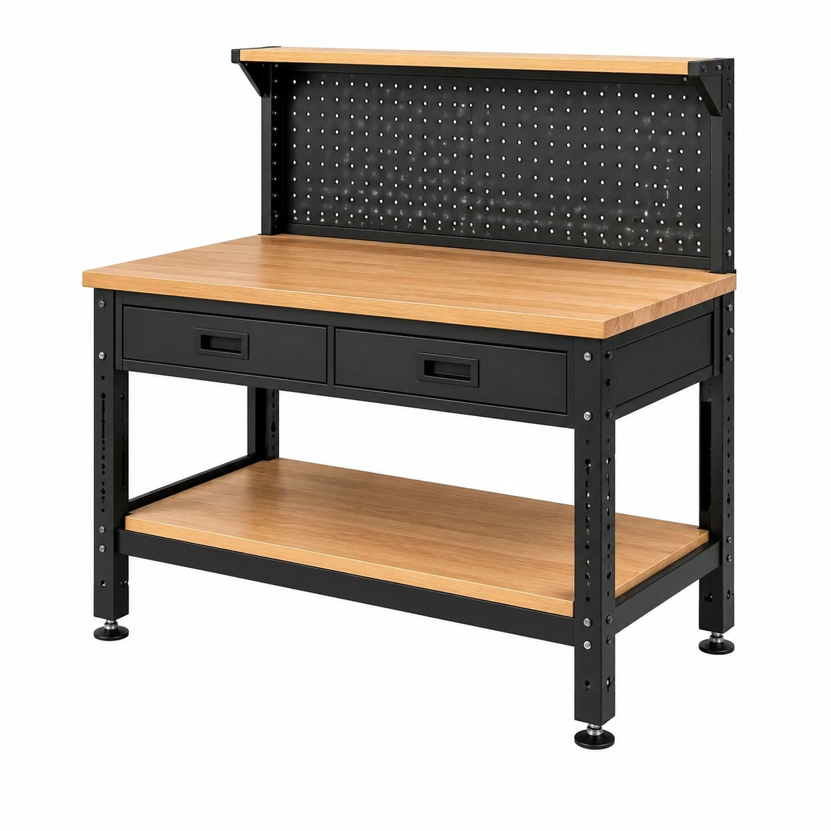 Établi d'atelier 120 x 60 x 150 cm acier noir et bois avec panneau perforé et 2 tiroirs style industriel