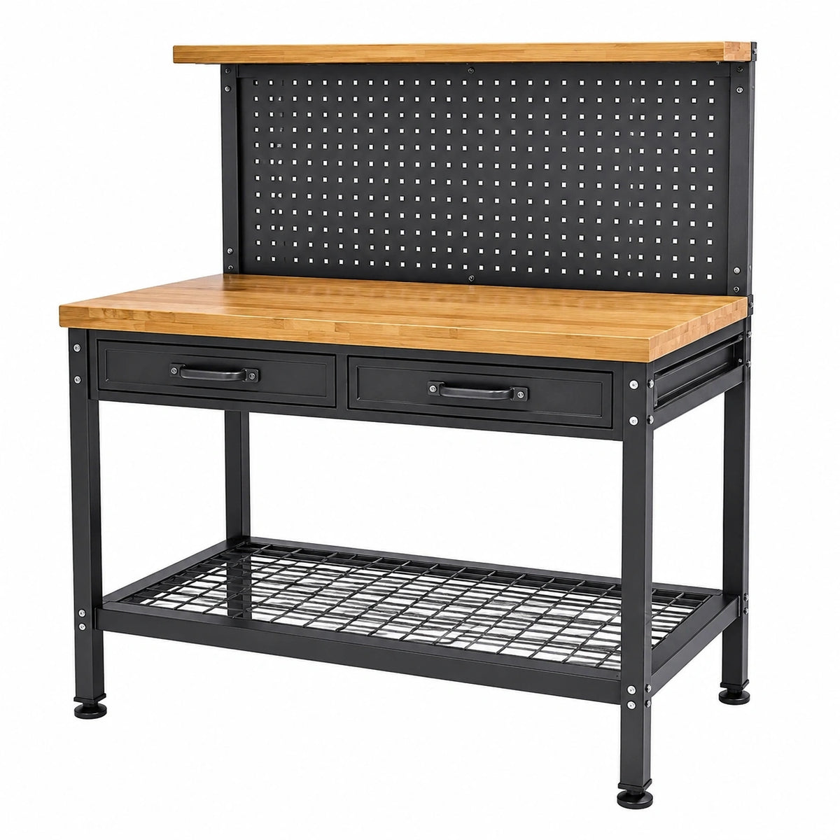 Établi 120 x 60 x 155 cm en acier noir et bambou avec panneau perforé et rangement