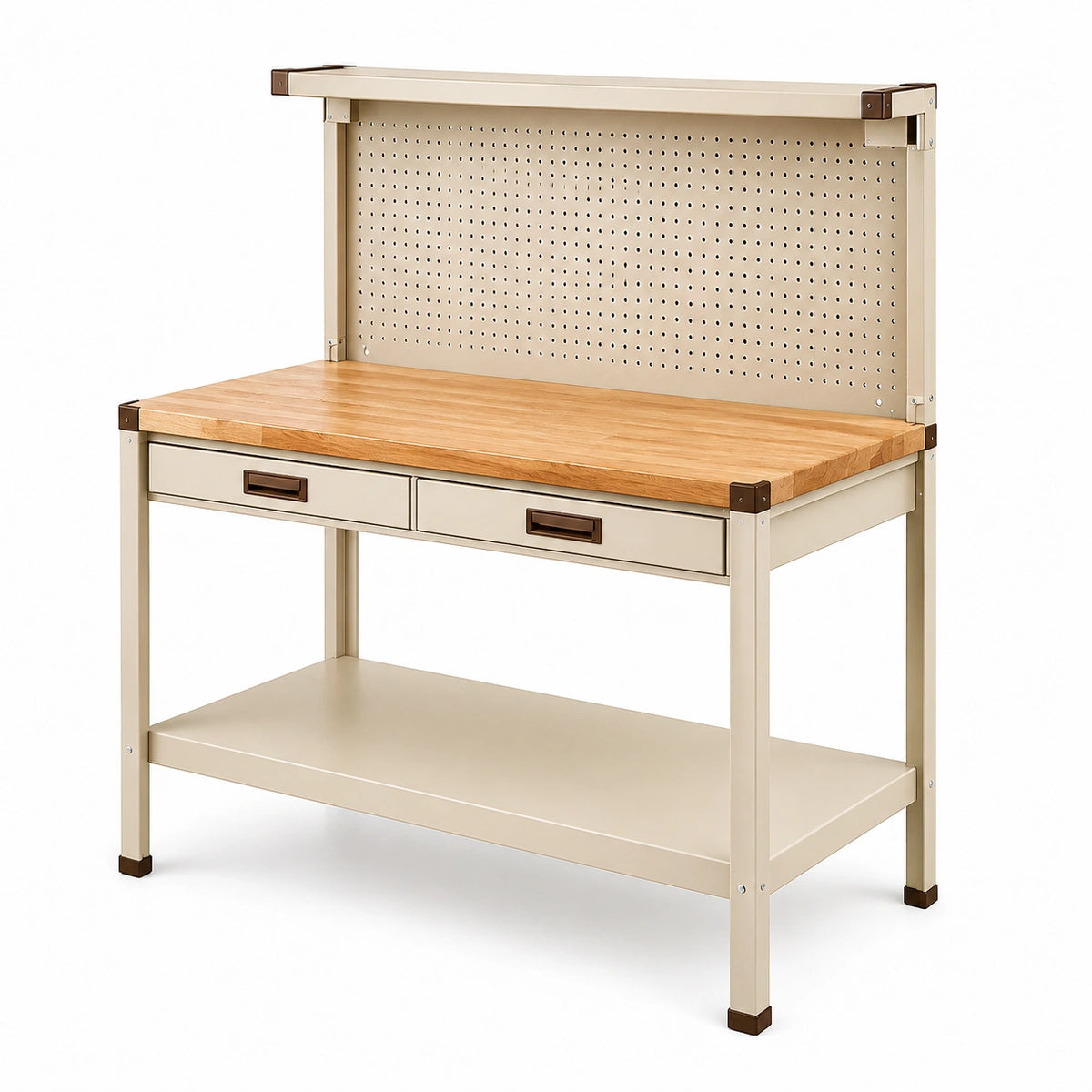 Établi d'atelier 120 x 60 x 180 cm en métal beige et bois massif avec panneau perforé et tiroirs